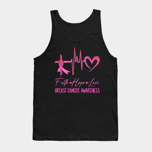 Faith Hope Love Breast Cancer Awareness Ribbon Heartbeat Tank Top by James Green